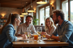Famille souriante partageant un repas dans un restaurant à Rennes