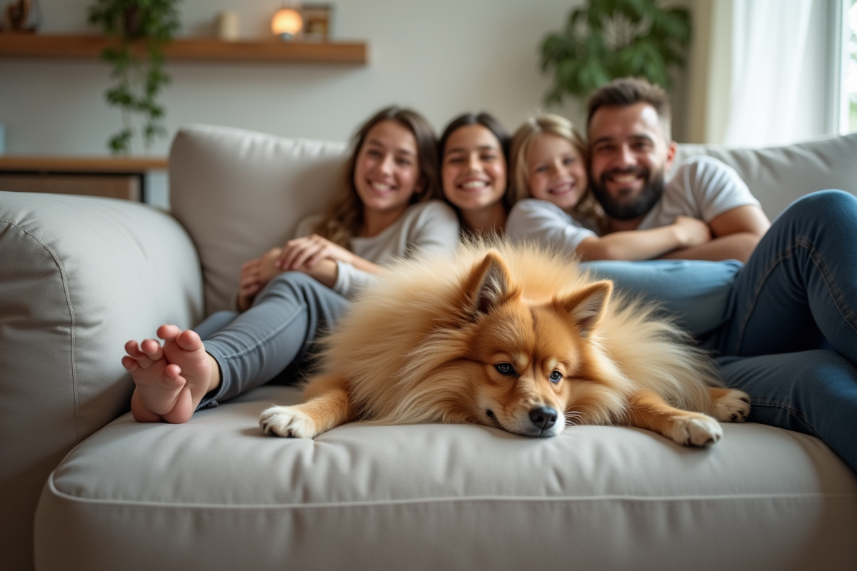 Famille souriante avec un Spitz allemand sur un canapé lumineux