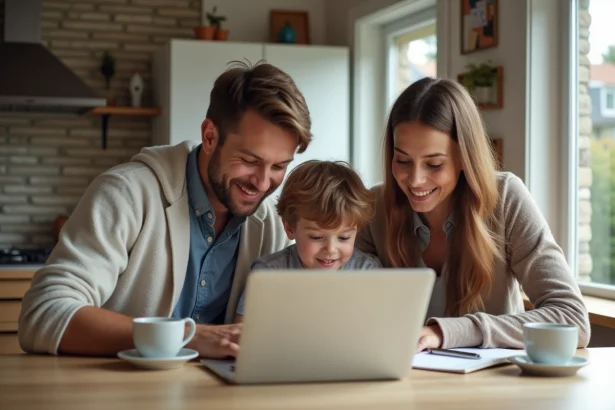 Famille souriante planifiant un voyage sur un ordinateur portable