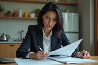 Femme d'affaires méditant sur des documents officiels