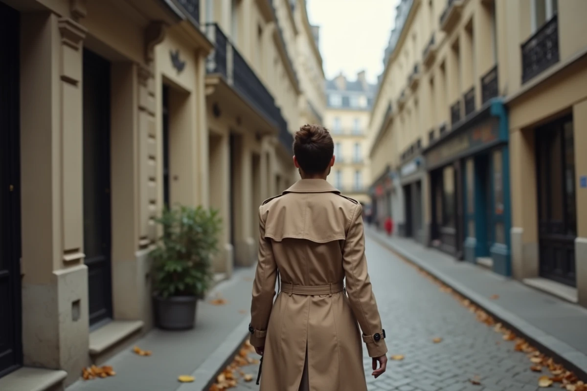 Femme de dos marchant dans une rue pavée parisienne, symbolisant l'anonymat et la discrétion d'une personnalité qui refuse les projecteurs