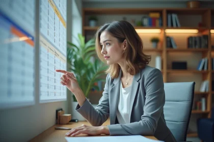 Femme professionnelle consultant un calendrier semaine paire et impaire affiché au bureau avec Google Agenda ouvert sur l'écran