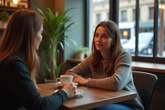 Femme détendue dans un café en pleine conversation