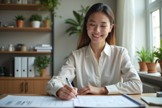 Femme souriante marquant un calendrier au bureau