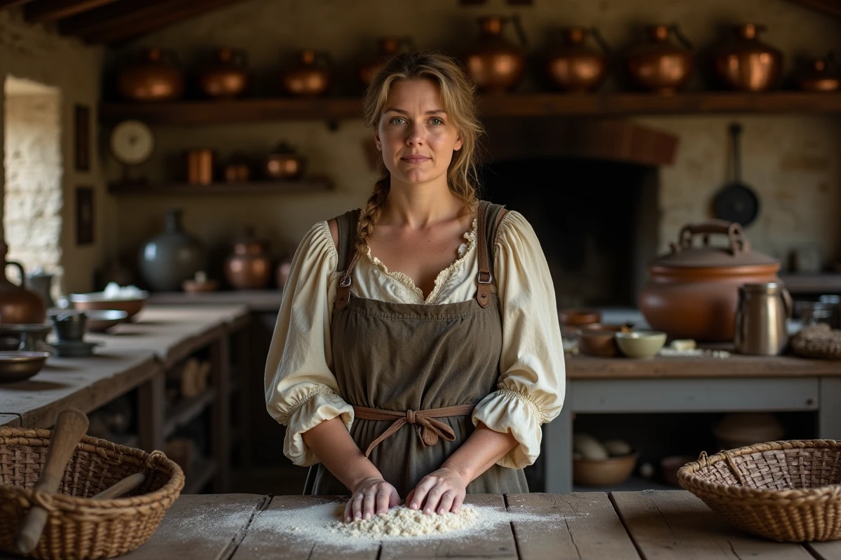 Femme en costume de servante dans une cuisine ancienne