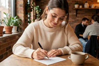 Femme écrivant un message d'anniversaire manuscrit dans un café cosy, stylo plume à la main, ambiance chaleureuse et moderne
