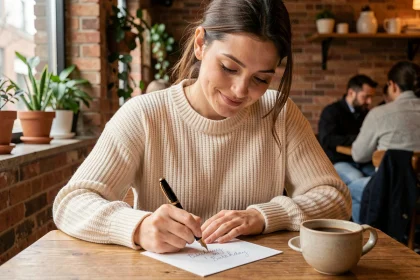 Femme écrivant un message d'anniversaire manuscrit dans un café cosy, stylo plume à la main, ambiance chaleureuse et moderne