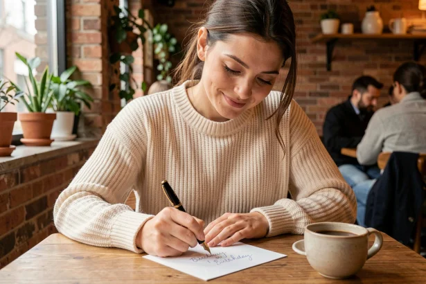 Femme écrivant un message d'anniversaire manuscrit dans un café cosy, stylo plume à la main, ambiance chaleureuse et moderne