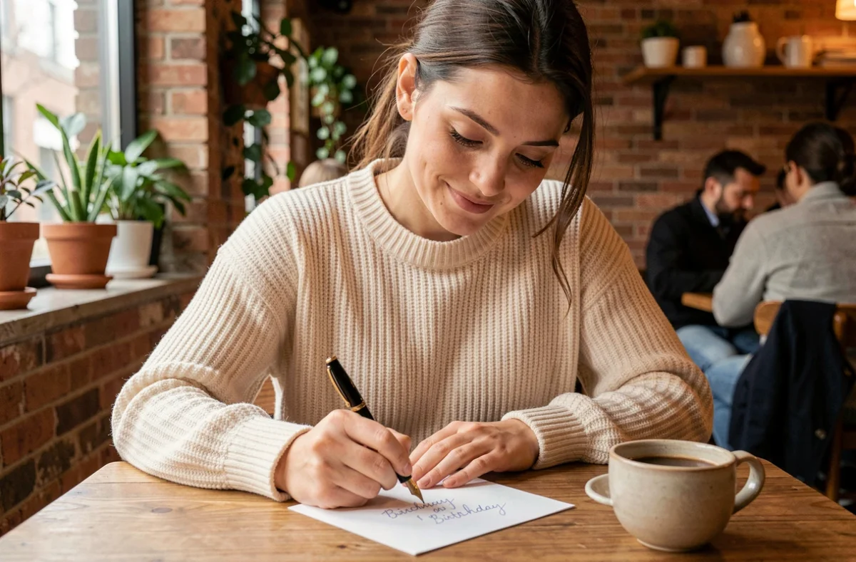 Femme écrivant un message d'anniversaire manuscrit dans un café cosy, stylo plume à la main, ambiance chaleureuse et moderne