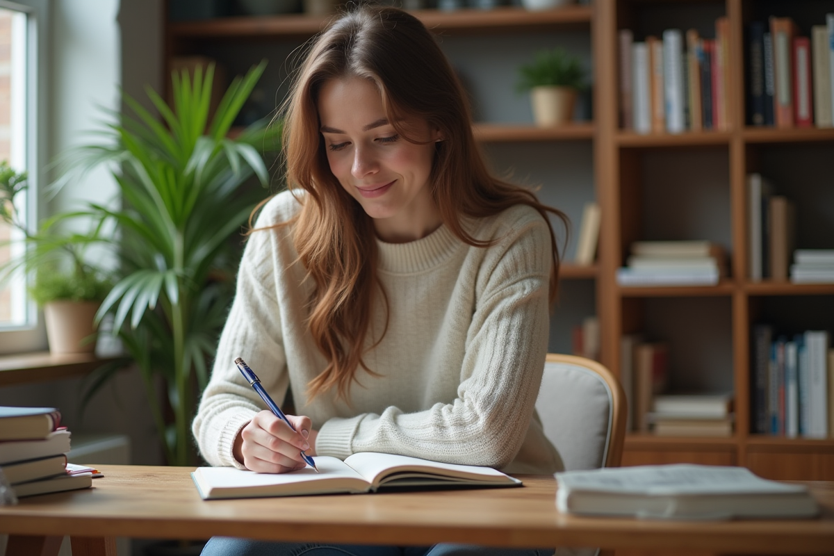 Jeune femme écrivant ses objectifs dans un carnet