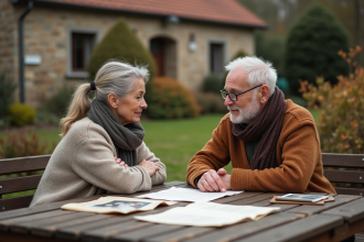 Femme d'âge moyen et son père âgé discutent dans le jardin