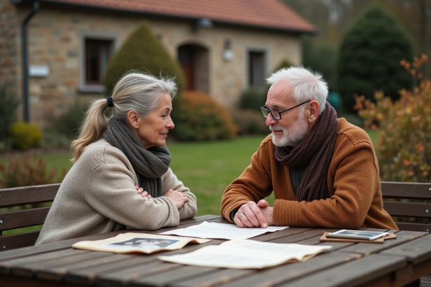 Femme d'âge moyen et son père âgé discutent dans le jardin