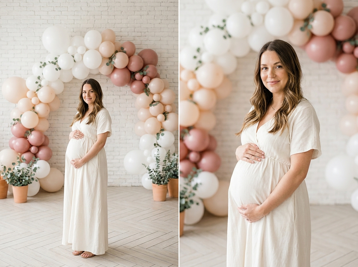 Femme enceinte souriante devant une arche de ballons roses et blancs lors d'une baby shower