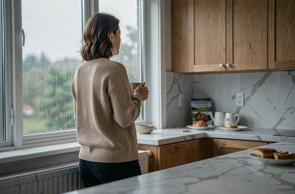 Femme songeuse devant une fenêtre de cuisine sous la pluie, symbole d'introspection et de blessure émotionnelle ancienne
