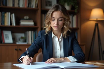 Femme journaliste dans la trentaine travaillant dans un bureau à domicile, illustrant la vie professionnelle et la vie privée préservée d'une personnalité médiatique