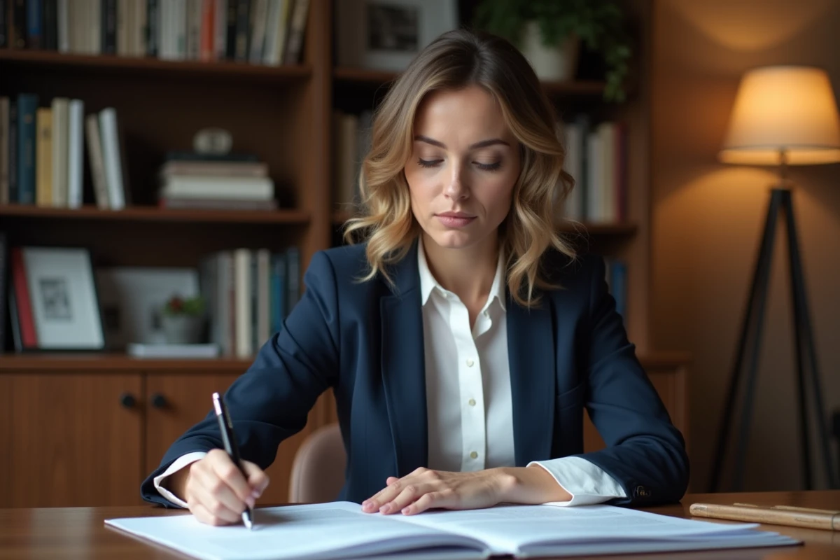 Femme journaliste dans la trentaine travaillant dans un bureau à domicile, illustrant la vie professionnelle et la vie privée préservée d'une personnalité médiatique