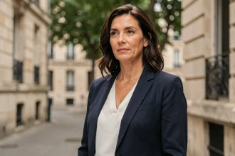Portrait d'une femme journaliste et écrivaine française en veste marine devant un décor parisien, évoquant un parcours personnel et professionnel engagé