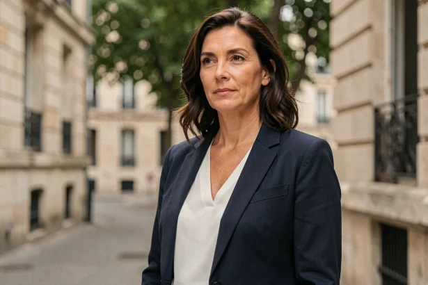Portrait d'une femme journaliste et écrivaine française en veste marine devant un décor parisien, évoquant un parcours personnel et professionnel engagé