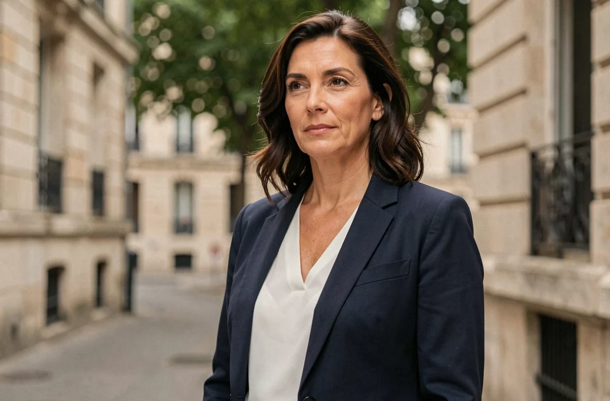 Portrait d'une femme journaliste et écrivaine française en veste marine devant un décor parisien, évoquant un parcours personnel et professionnel engagé