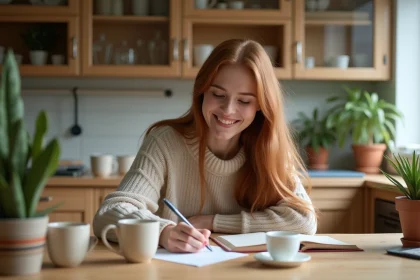Jeune femme souriante écrivant une carte d anniversaire