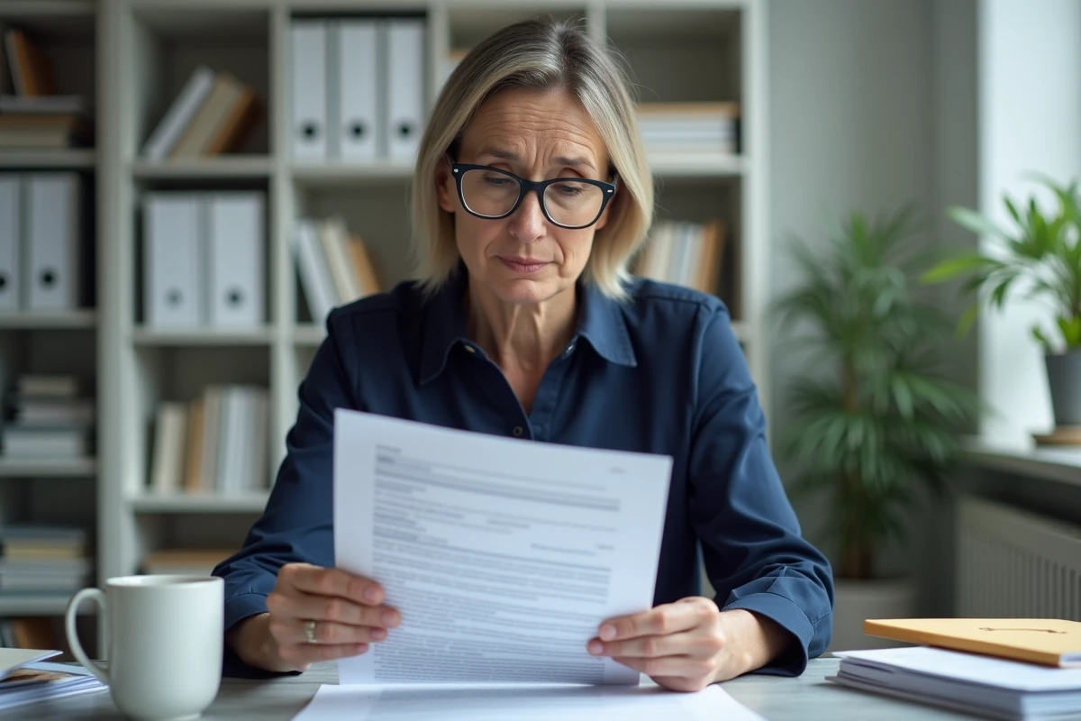 Femme lisant attentivement une attestation sur l'honneur avec des documents administratifs éparpillés