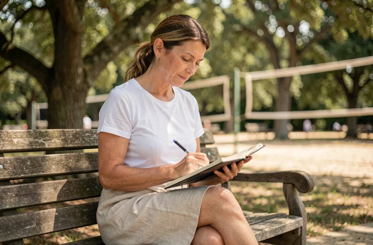Femme adulte prenant des notes dans un journal dans un espace extérieur de resort naturiste familial, exprimant réflexion et sérénité