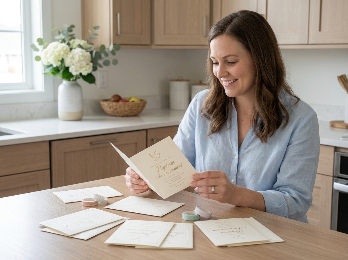 Femme souriante examinant des cartes de baptême dans la cuisine