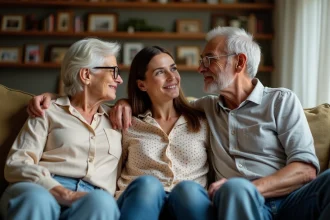 Femme avec ses parents dans un salon chaleureux