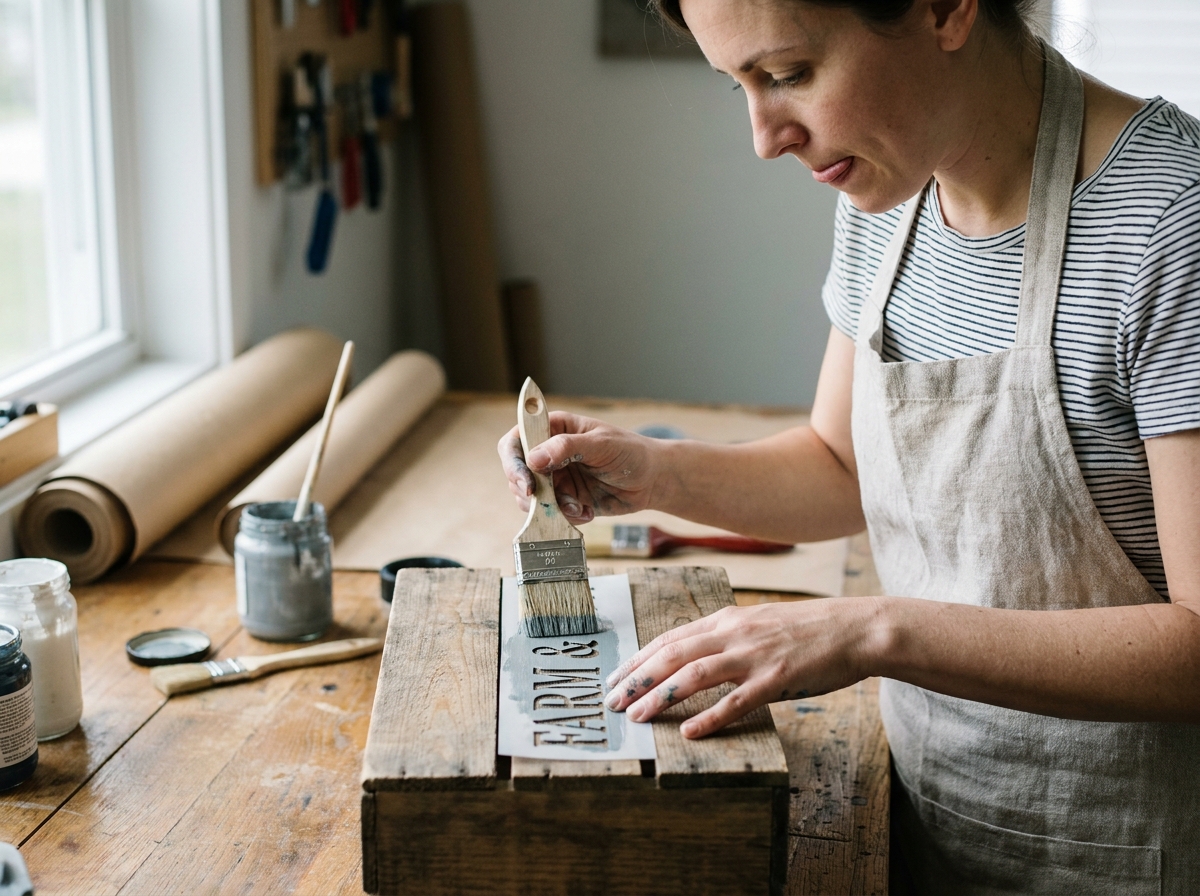 Femme appliquant un pochoir sur une caisse en bois dans un atelier DIY fait maison