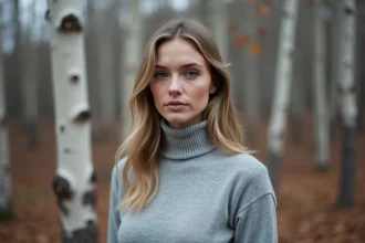 Femme scandinave au prénom nordique court, portrait en forêt de bouleaux à l'automne