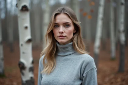 Femme scandinave au prénom nordique court, portrait en forêt de bouleaux à l'automne