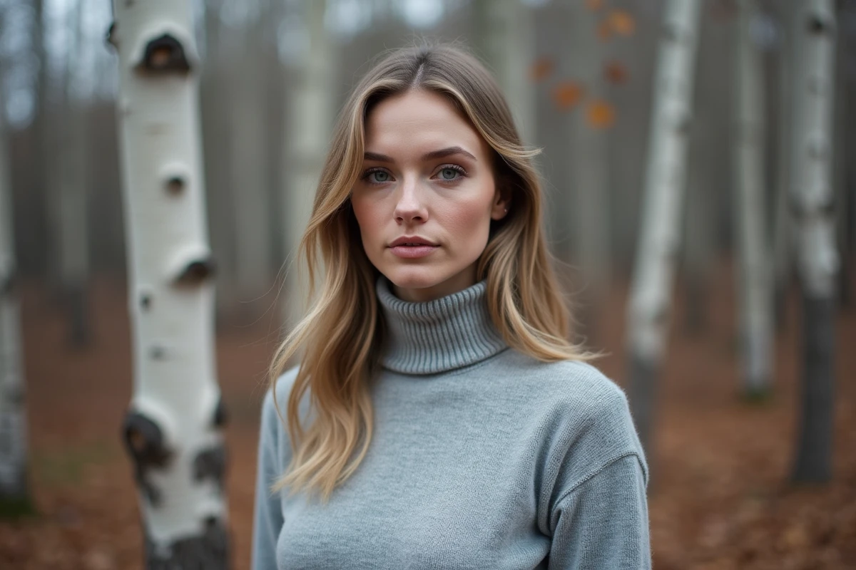 Femme scandinave au prénom nordique court, portrait en forêt de bouleaux à l'automne