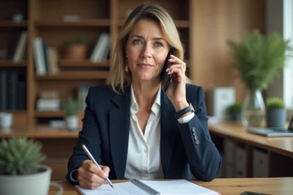 Femme professionnelle préparant un appel téléphonique à l'agence paie et famille SNCF depuis son bureau à domicile avec un bloc-notes