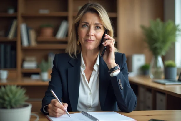 Femme professionnelle préparant un appel téléphonique à l'agence paie et famille SNCF depuis son bureau à domicile avec un bloc-notes