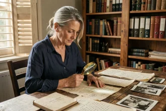 Femme d'une cinquantaine d'années consultant des archives familiales et documents généalogiques anciens sur un bureau en bois