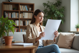 Femme en blazer beige examinant des documents de retraite