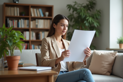 Femme en blazer beige examinant des documents de retraite