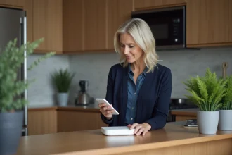 Femme configurant un dispositif de securite a la maison
