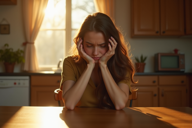 Jeune femme seule à la table de cuisine en introspection