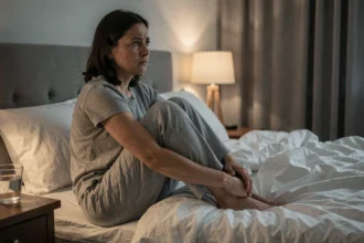 Femme pensive assise seule au bord du lit, illustrant l'angoisse émotionnelle après un rêve de trahison conjugale