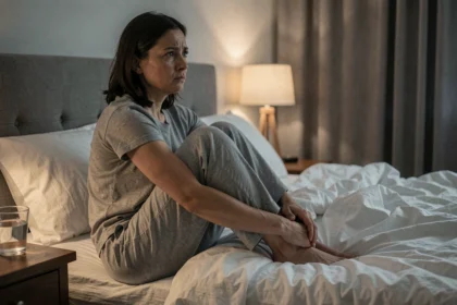 Femme pensive assise seule au bord du lit, illustrant l'angoisse émotionnelle après un rêve de trahison conjugale