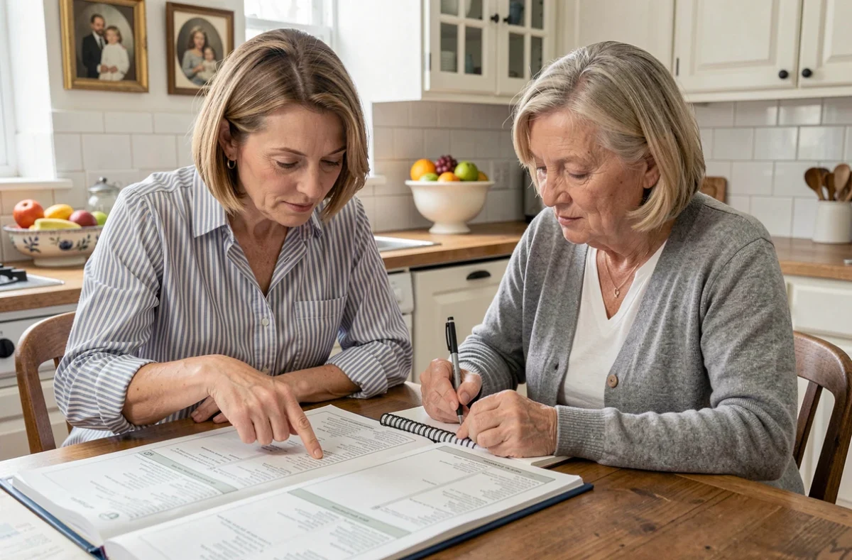 Deux femmes consultant ensemble un registre généalogique et des notes familiales dans une cuisine française