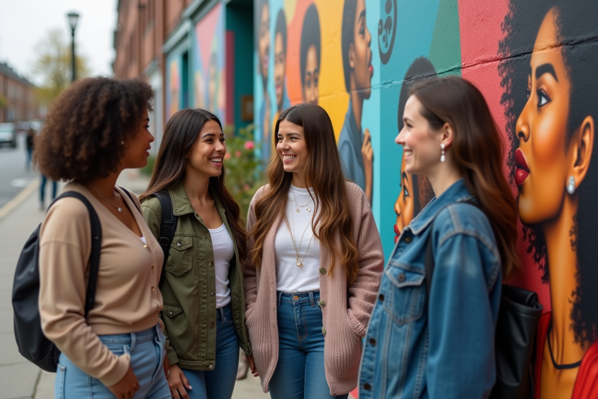 Jeunes femmes discutant devant un mur coloré en ville