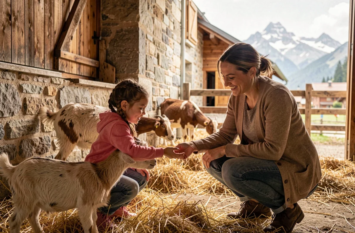 Petite fille nourrissant une chèvre à la ferme pédagogique de Combloux en Haute-Savoie