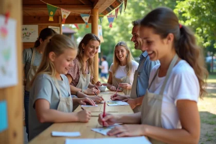 Parents et enseignants décorant une stand lors d'une fête scolaire