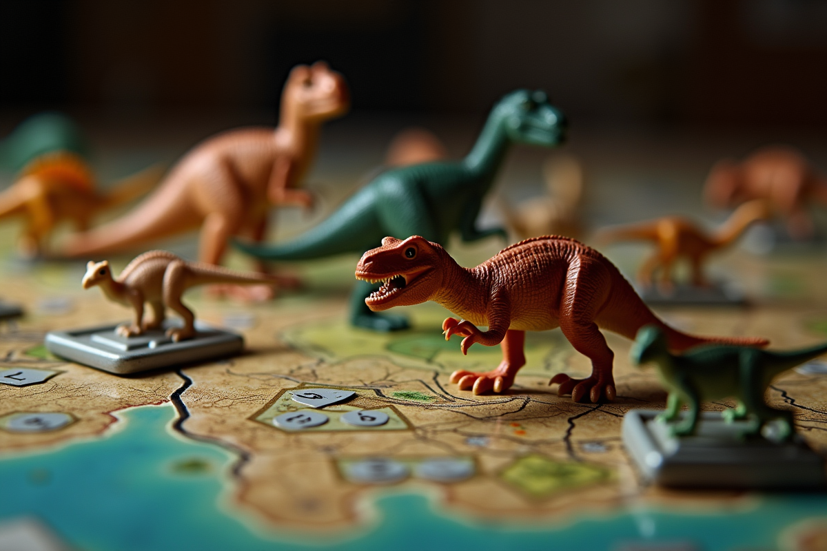 Gros plan sur figurines de dinosaures sur un plateau de jeu
