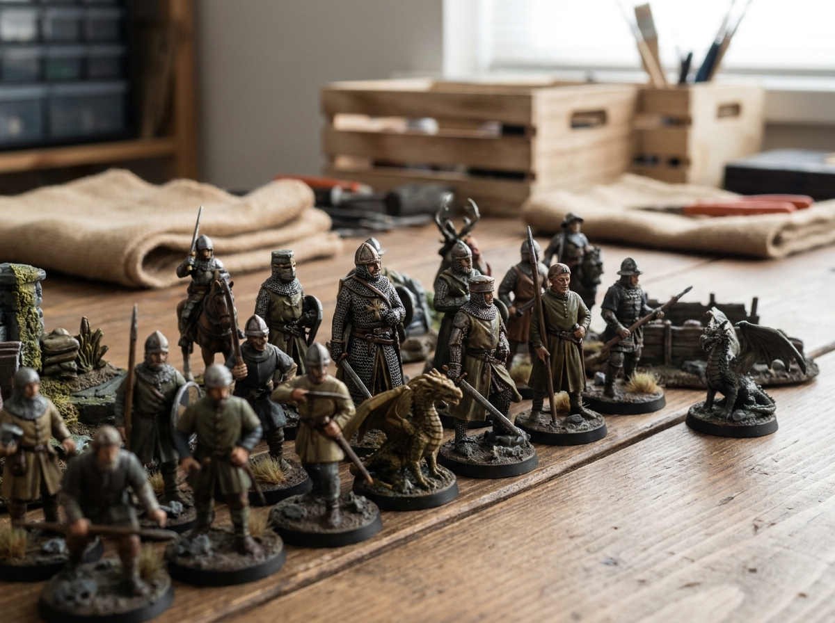 Figurines miniatures et soldats peints à la main représentant des chevaliers médiévaux et des personnages fantastiques sur une surface en bois
