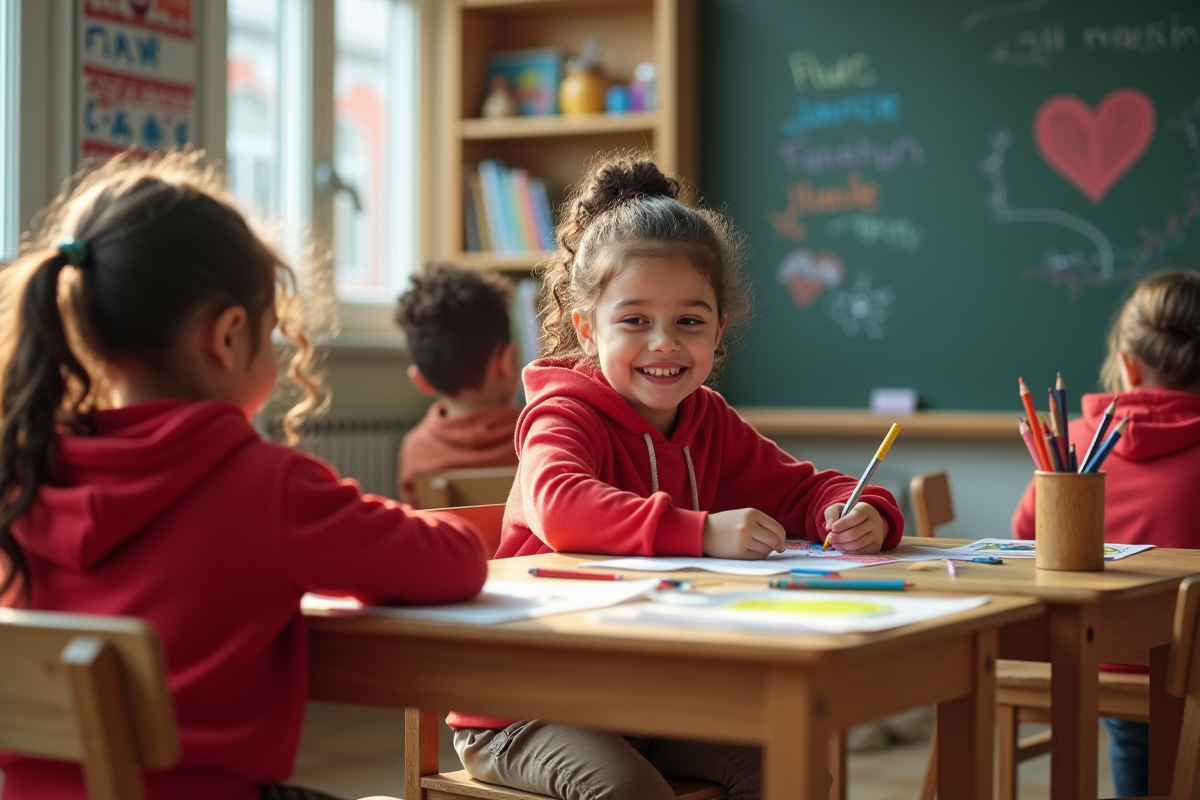 Fille de 8 ans dessinant avec ses amis en classe lumineuse