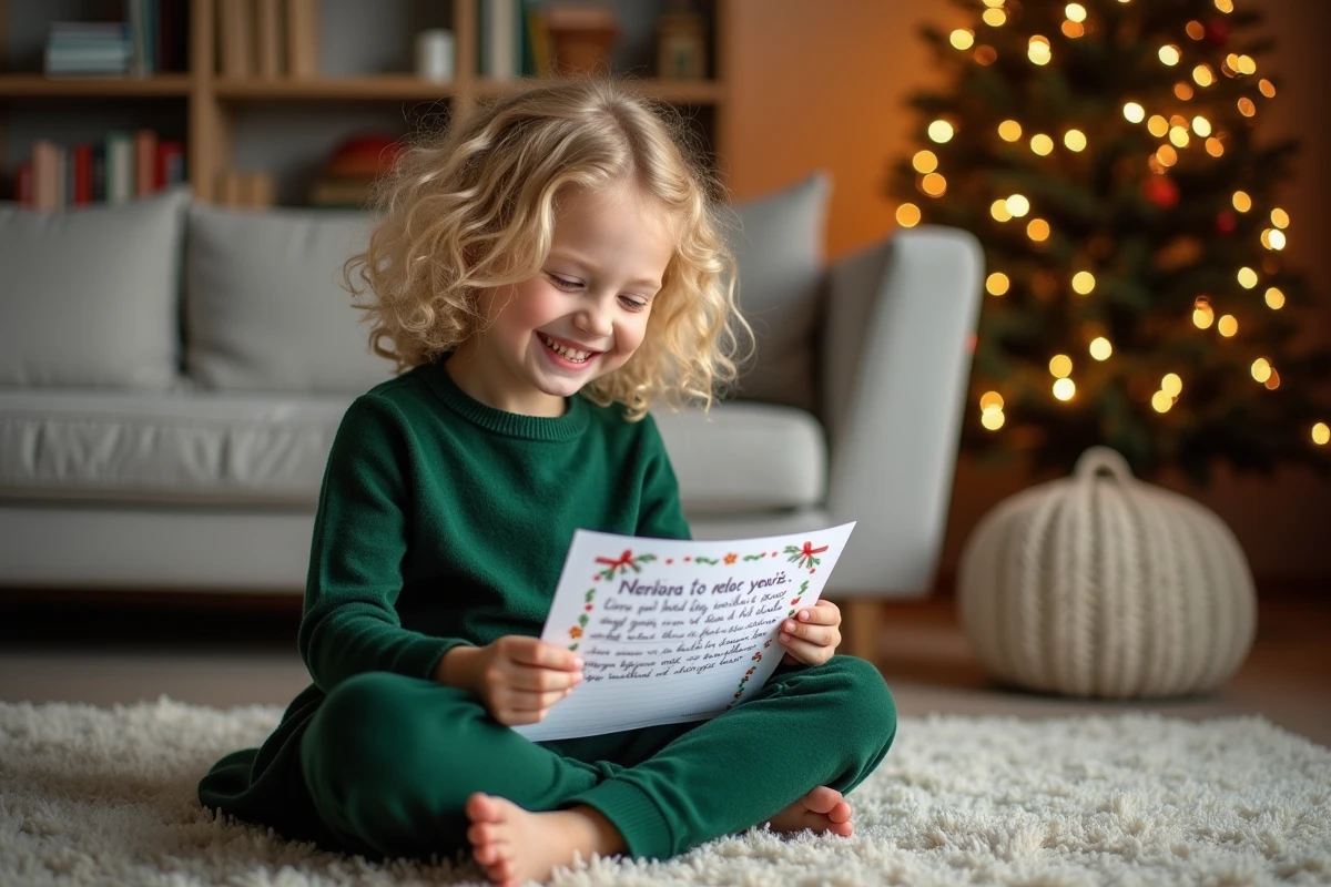 Fille de 7 ans montrant sa lettre de Noel
