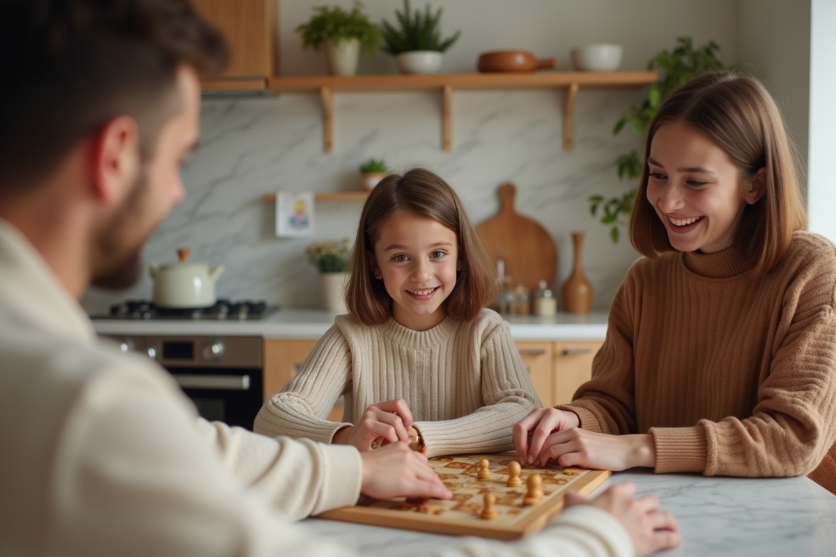 Fille de 10 ans jouant à un jeu de société avec ses parents